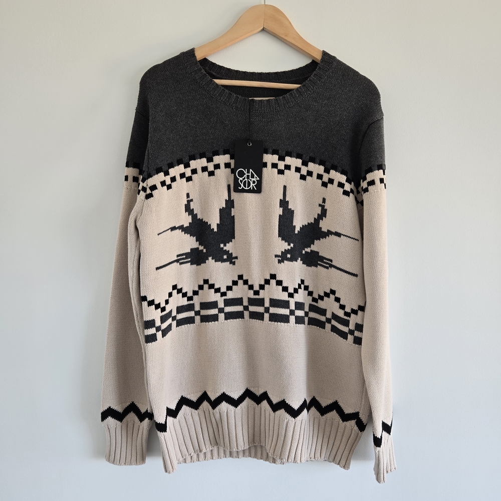 NWT Chaser Man Gray and Cream Bird Sweater Size L